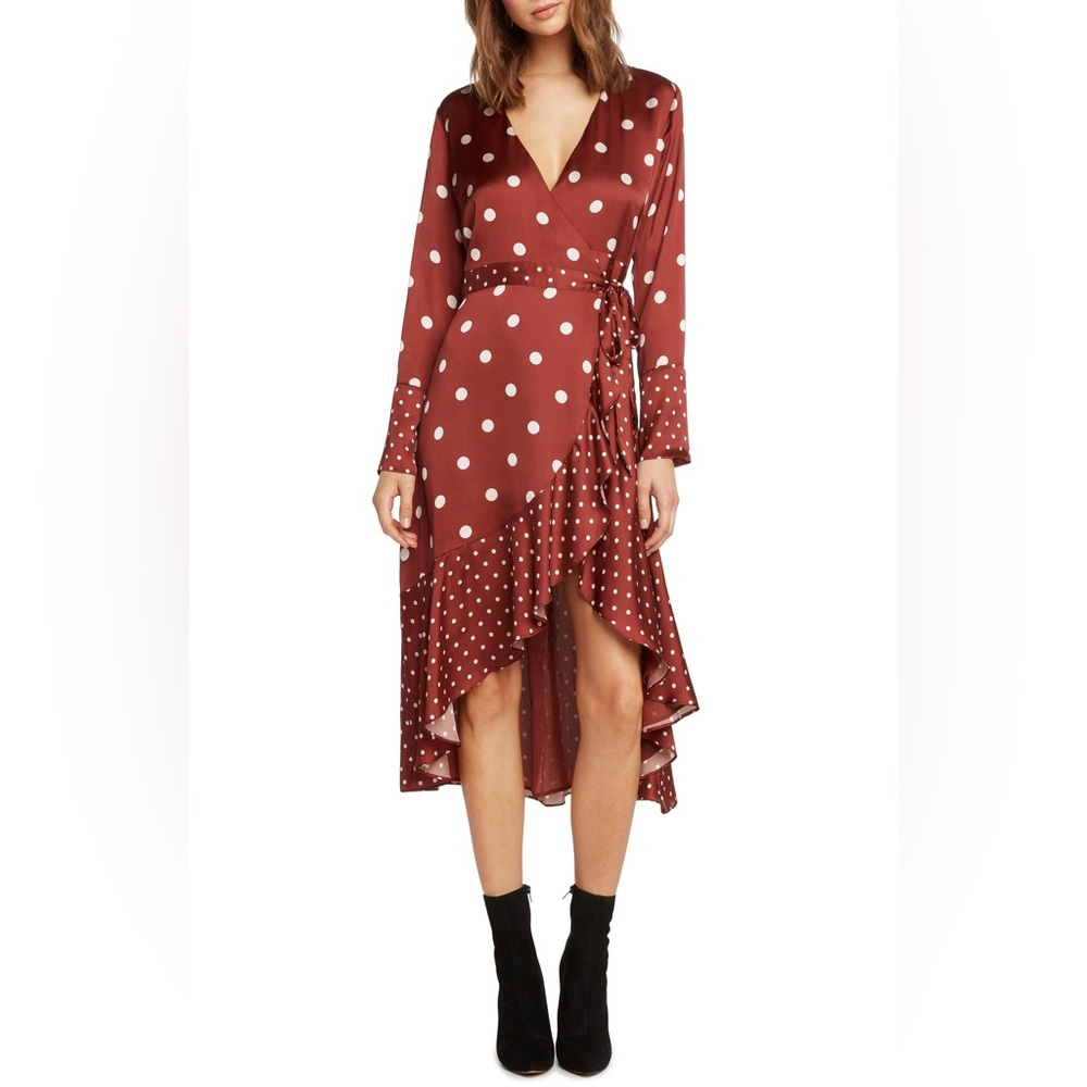 WILLOW. & CLAY Rich Brown Mix Dot Satin Wrap Dress NWT Size M